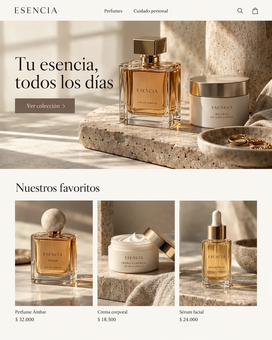 Ejemplo ilustrativo de una tienda online de perfumería, con fotografías de productos y catálogo de Esencia